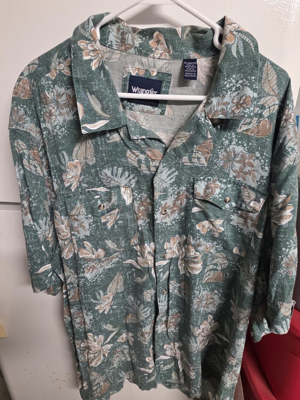 Wrangler Coconut Cowboy Shirt Men XXL Green Tropical Floral Pearl Snap Camp 2XL